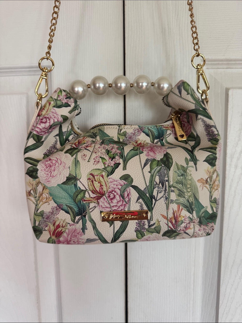Betsey Johnson Floral Pearl-Handle Crossbody in Pink, Green & White - Picture 10 of 11